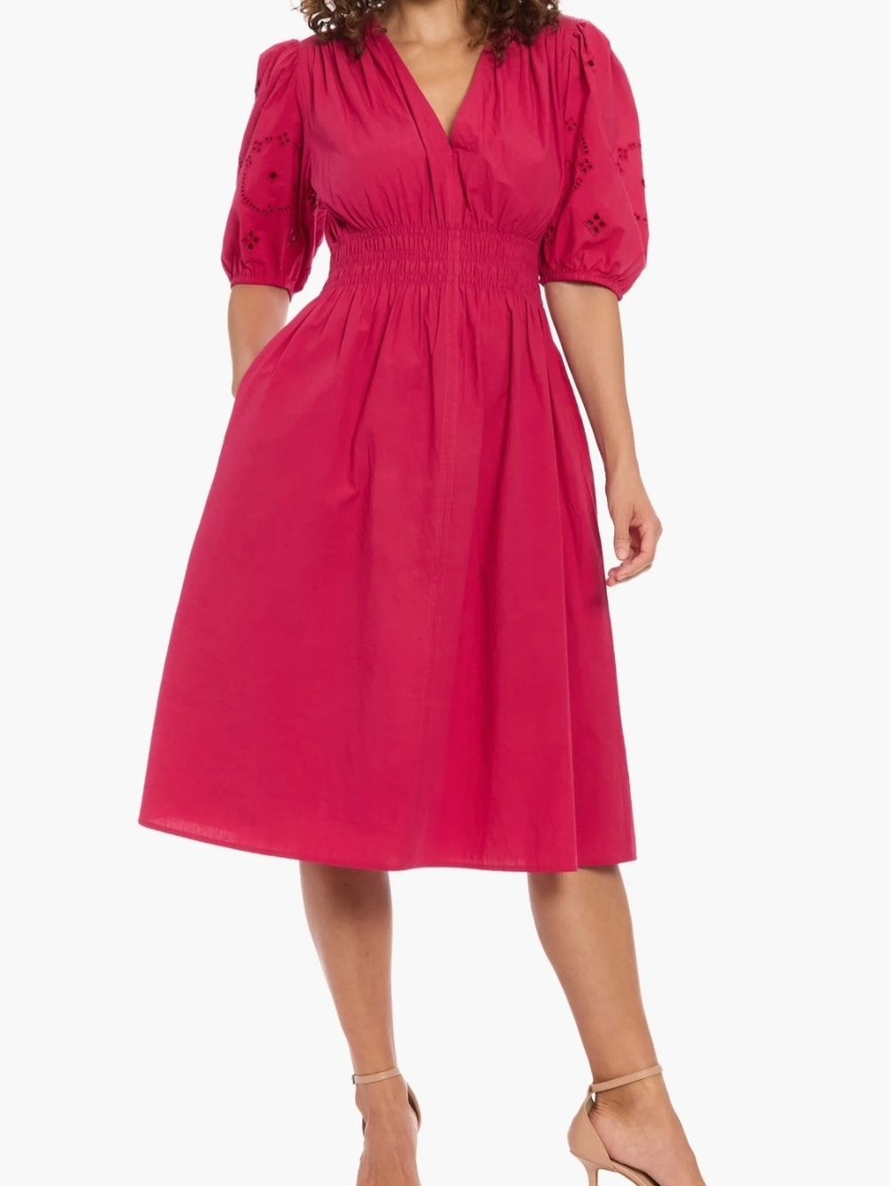 London Times Hot Pink V-Neck Puff Sleeve Fit And Flare Dress Size Petite Large